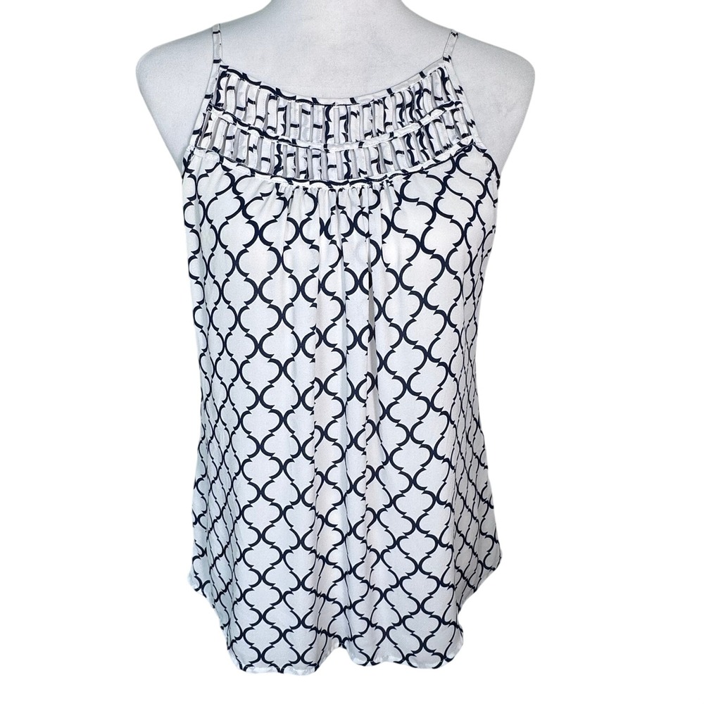 NEW YORK & COMPANY Women's Medium White Navy Quatrefoil Lattice Tank Top Blouse